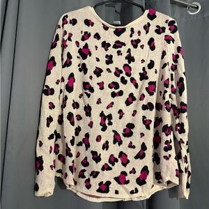 Chico's Textured Animal Print Bateau Neck Sweater Sz 3 Tan Pink Black Rayon